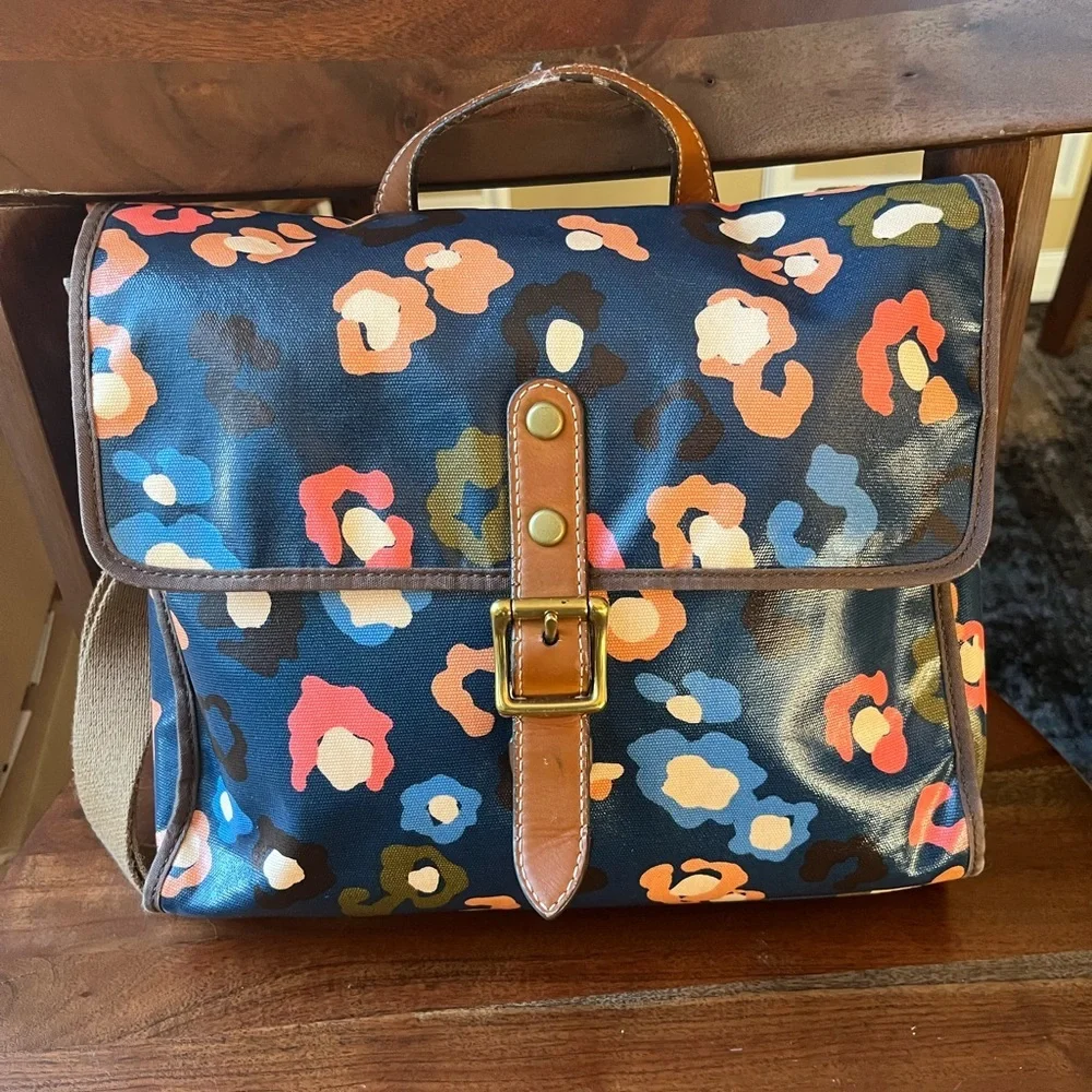 Fossil Navy Blue Floral Print Coated Canvas Crossbody Laptop Tote Bag
